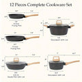 Non Stick 12 POTS and Pans Set, Cookware Set, Including Frying Pan, Steamer, Silicone Spatula and Tongs Granite Cooking Set (Black)