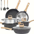 Non Stick 12 POTS and Pans Set, Cookware Set, Including Frying Pan, Steamer, Silicone Spatula and Tongs Granite Cooking Set (Black)