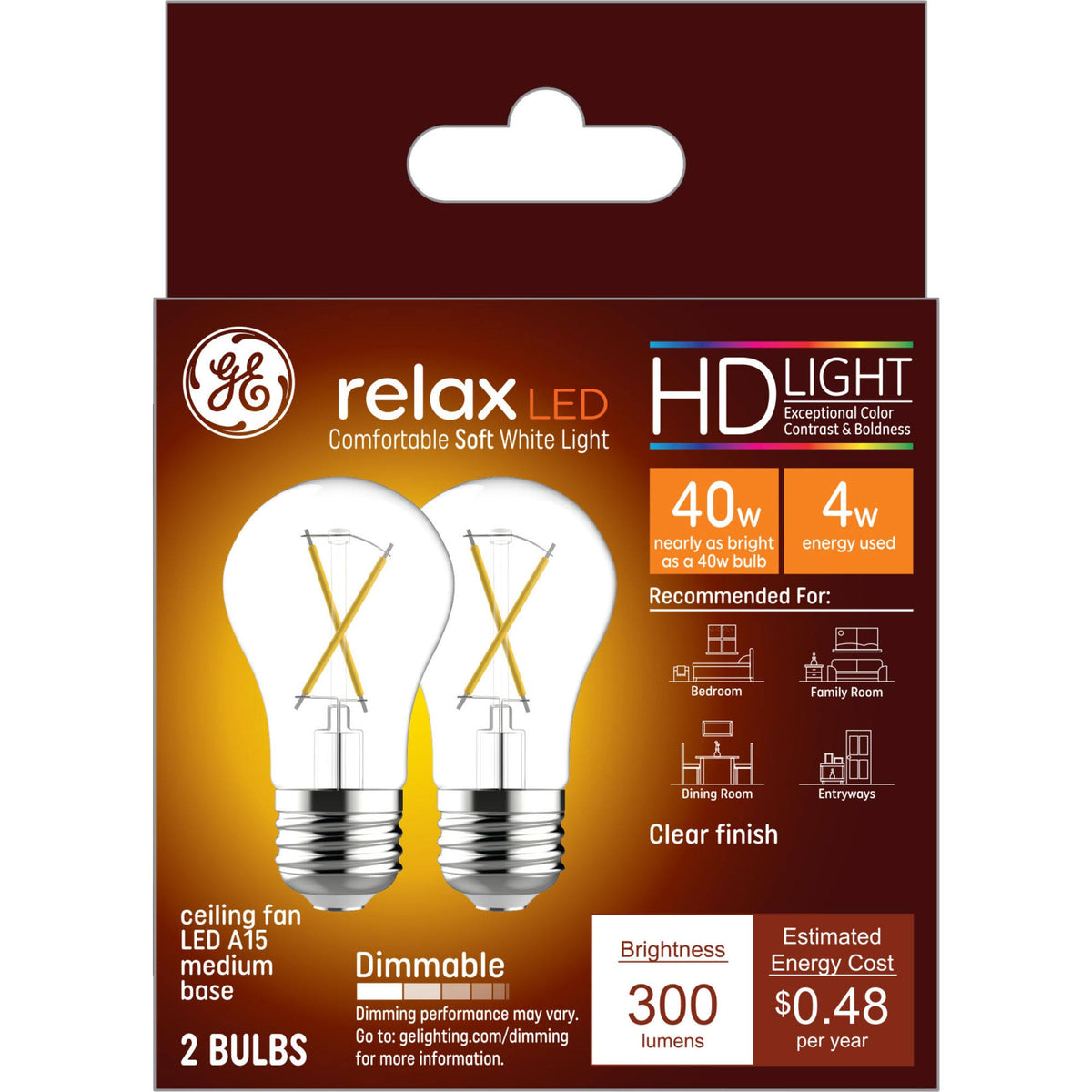 Ge Relax Light Bulbs, LED, Ceiling Fan, Soft White, 40 Watts 2 light bulbs